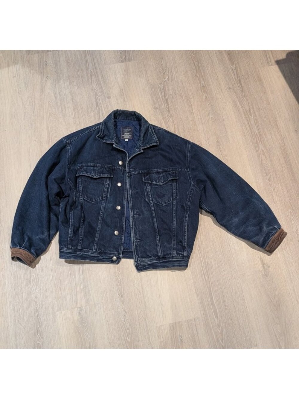 Denim Jean Jacket with Leather Collar Quilted Lining Vintage - Picture 2 of 15